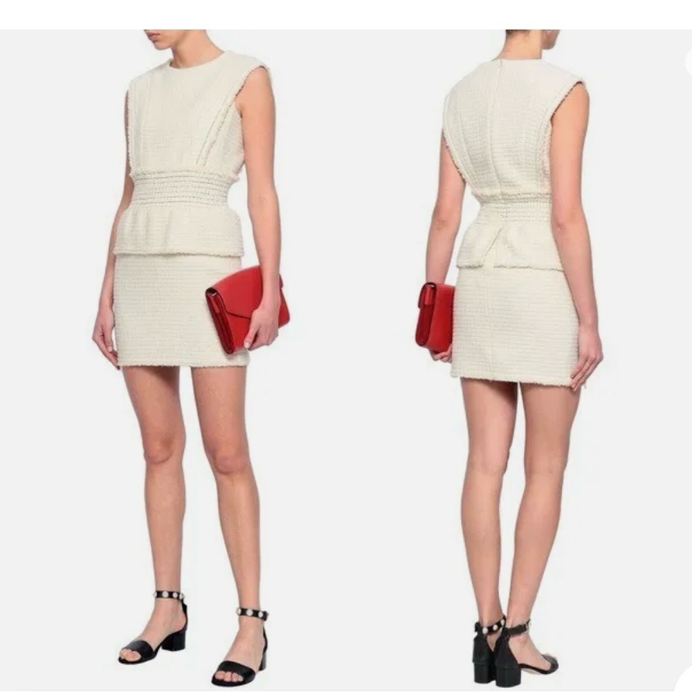 Maje Rosay Cotton Bouclé-Tweed
Peplum Mini Dress Size 1/S Sleeveless
Cream White